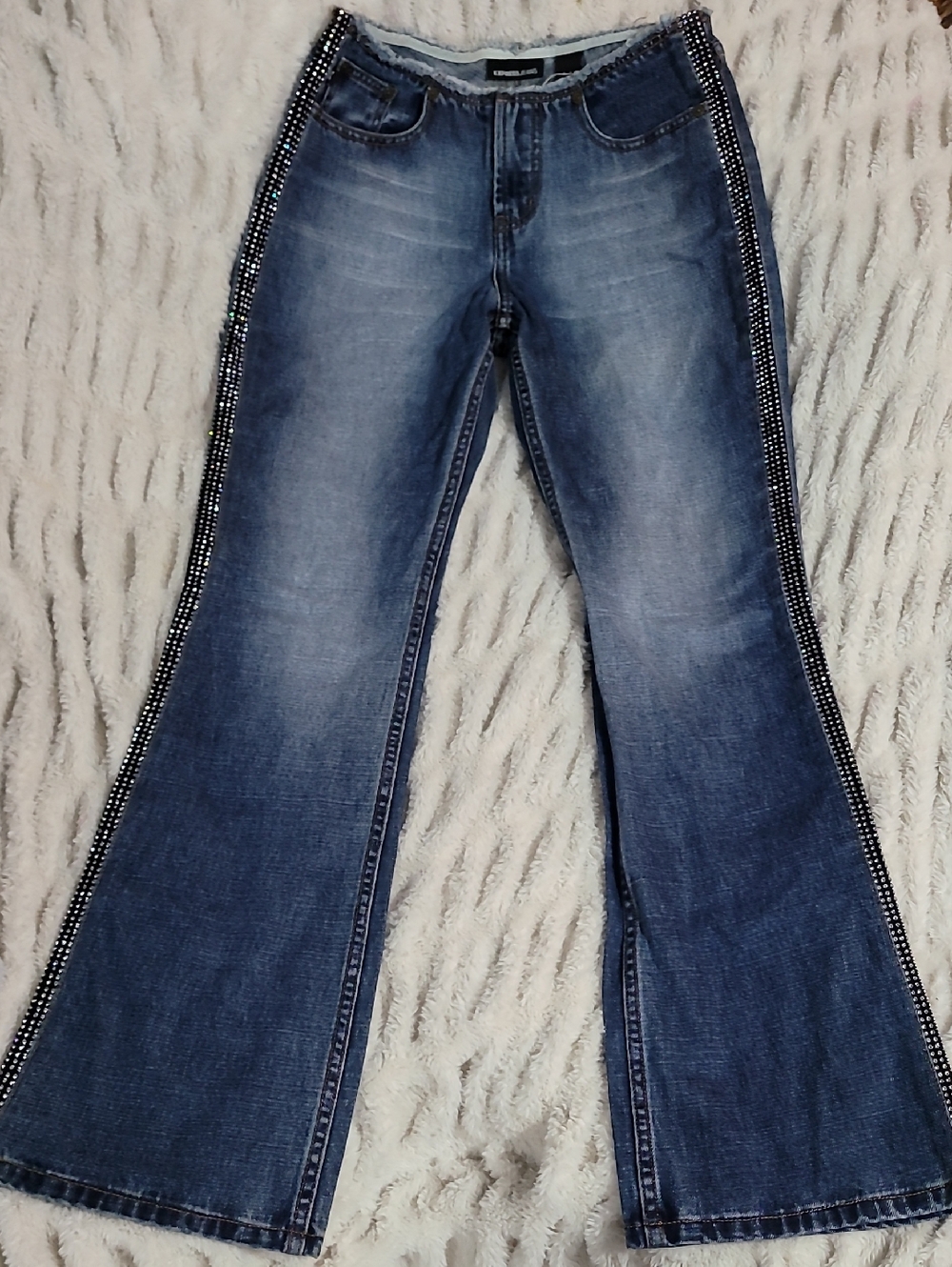 Gorgeous Express Dark Blue Flare Jeans with Side Rhinestone Trim